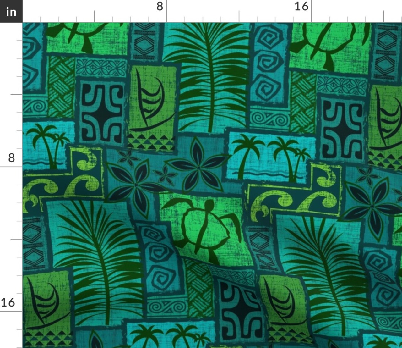 Hawaiian, Moku Malihini, Blue, Green, Turtle, Tiki, Tropical, Polynesian, Island, Mid Century, Vintage, Retro Custom Printed Fabric by Spoonflower Various Fabrics by the Yard or Fat Quarter